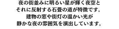 夜の街並みを描いています。明るい星が輝く夜空と、それに反射する石畳の道が特徴です。建物の窓や街灯の温かい光が、静かな夜の雰囲気を演出しています。鮮やかな色彩と力強い筆致が、ゴッホの独特なスタイルを感じさせるデザインです。